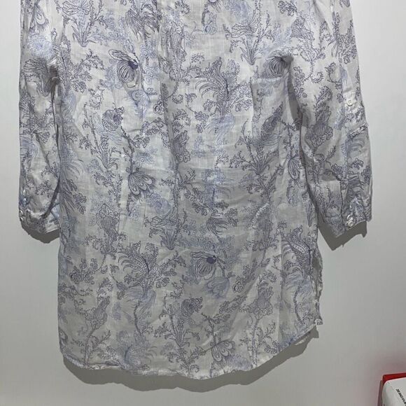 Malvin Women's White Blue Floral Print I Love Linen Button Up Blouse Size 8 - Picture 9 of 12